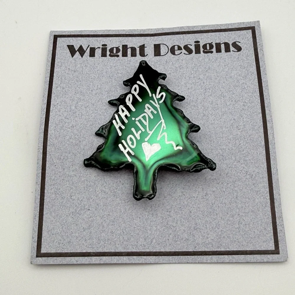 David Wright Designs Brooch Green Christmas Tree Happy Holidays Artisan Pin